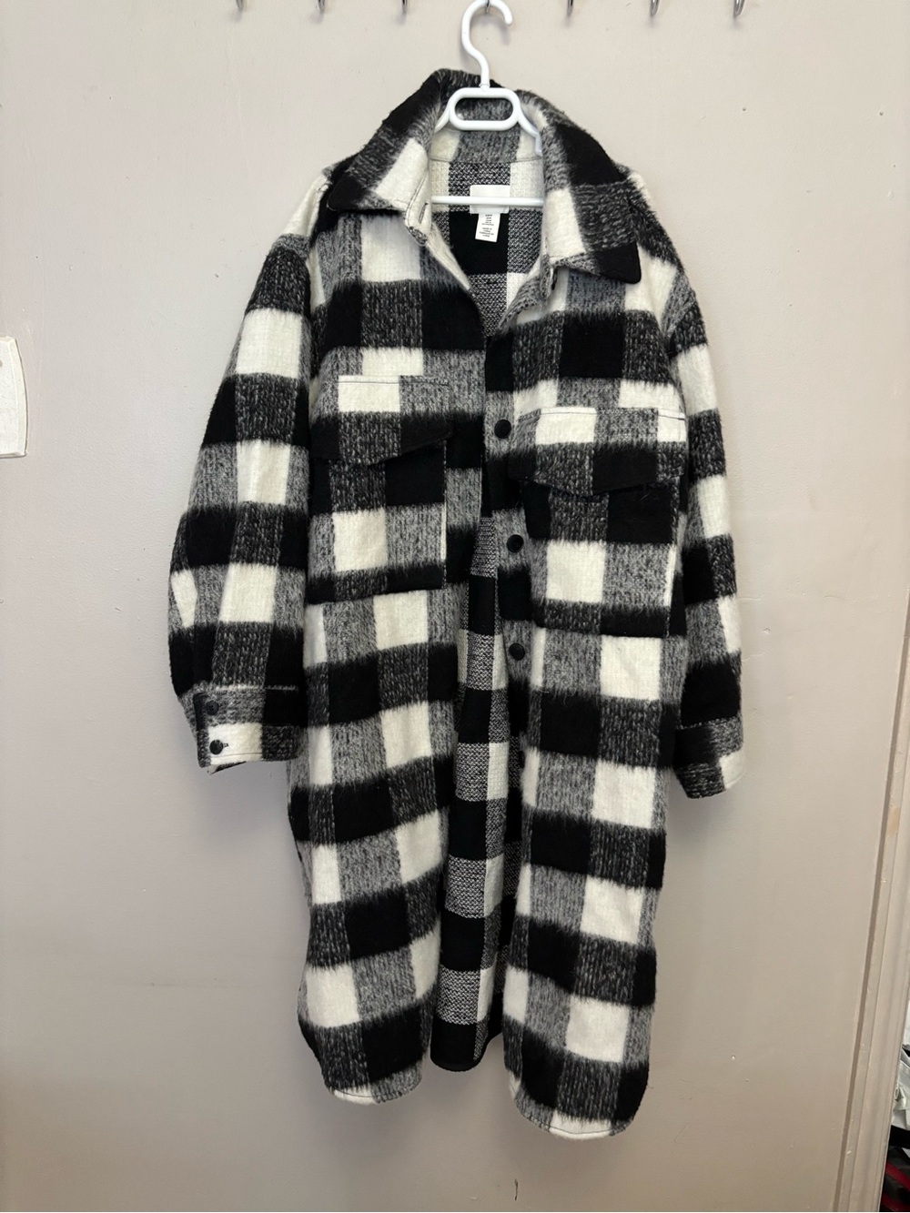 H&M Black & White Checked Long Trench Coat